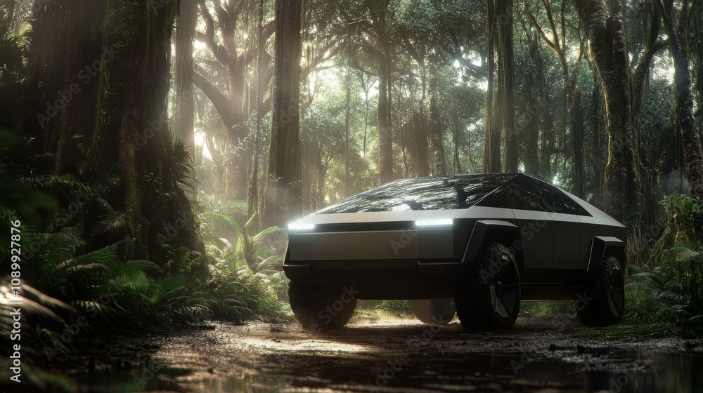 Poster a sleek electric vehicle is shown maneuvering through a lush forest, surrounded by greenery and tall