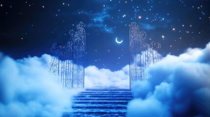 Enchanted Gateway to a Dreamy Night Sky: A Majestic Starlit Scene with Celestial Clouds and a Glistening Moon Over a Mystical Stairway