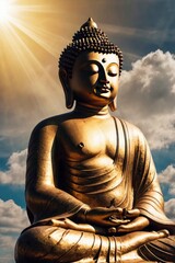 Obraz premium Buddha statue with cloud and sun rays background, copy space for text, ai