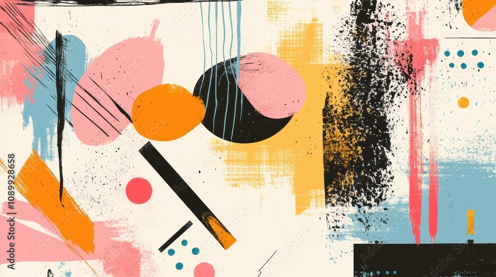 Fototapete Vibrant hues and bold shapes create an energetic composition of abstract art, showcasing brush strokes and geometric patterns in harmony. Generative AI
