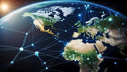 Digital photographic illustration of planet earth global communication network or connected data streams shining. Reach of modern technology.