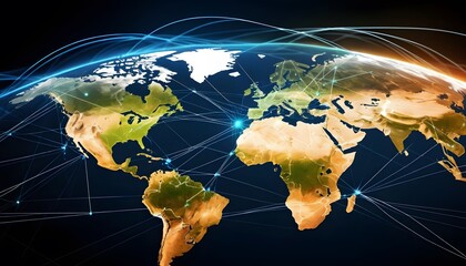 Digital photographic illustration of planet earth global communication network or connected data streams shining. Reach of modern technology.
