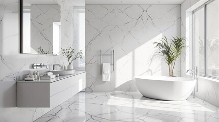 Fototapeta premium Modern minimalist bathroom with white marble and freestanding tub