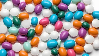 background photo of colorful capsules and round medicines. The capsules are arranged randomly, health, vitamins