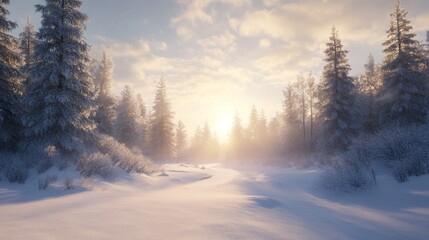 Fototapeta premium Snow-Covered Forest with Sunbeams Breaking Through Clouds