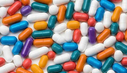 background photo of colorful capsules and round medicines. The capsules are arranged randomly, health, vitamins