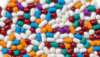 background photo of colorful capsules and round medicines. The capsules are arranged randomly, health, vitamins