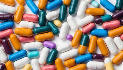 background photo of colorful capsules and round medicines. The capsules are arranged randomly, health, vitamins
