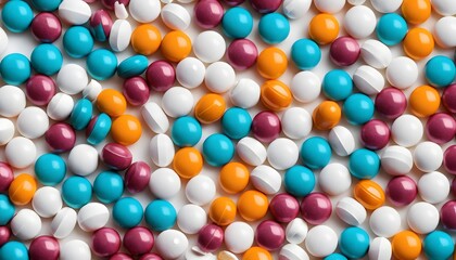 background photo of colorful capsules and round medicines. The capsules are arranged randomly, health, vitamins