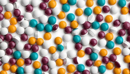 background photo of colorful capsules and round medicines. The capsules are arranged randomly, health, vitamins