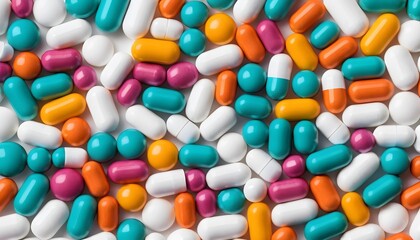 background photo of colorful capsules and round medicines. The capsules are arranged randomly, health, vitamins