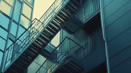 Metal Fire Escape Staircase on Modern Building Facade