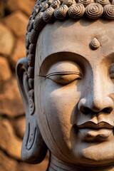 Buddha's head statue carved from sandstone by handmade artisan who believe strongly and faith in Buddhism with soft light background., ai