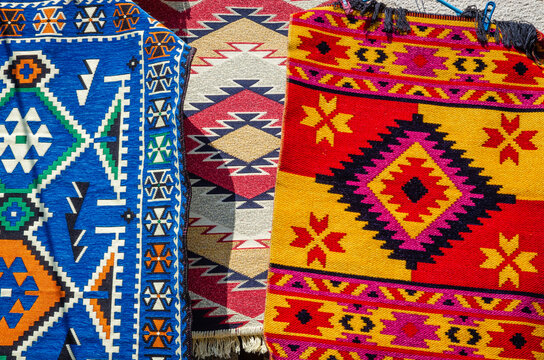 Beautiful traditional Albanian carpets in Ottoman market in old town Kruja, Albania
