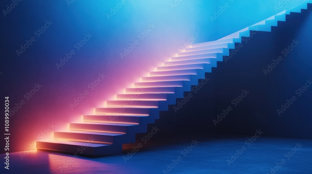Aufkleber a staircase with glowing edges in blue and pink light leads upward, creating a striking visual in a 