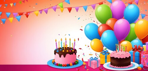 birthday background photo, cake and candles, colorful gifts, colorful balloons on top