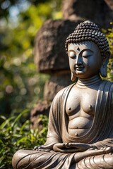 Obraz premium Buddha statu in natural background, copy space, ai