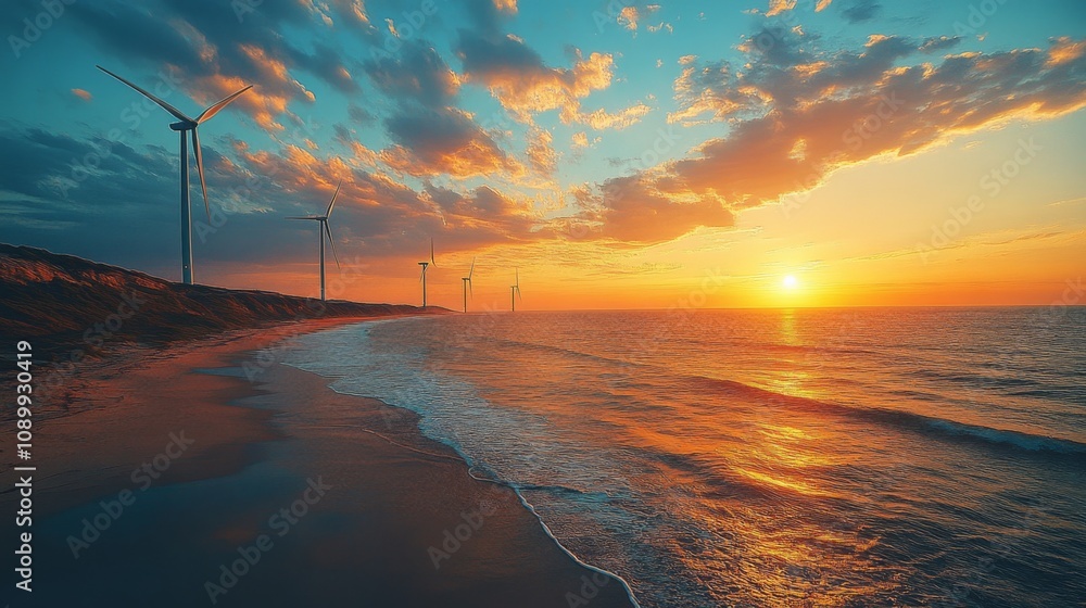 Poster as the sun sets over the horizon, beautiful colors reflect off the ocean waves while wind turbines s