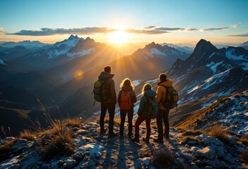 Naklejka premium Hiking Companions Witness the Sunrise – A Group of Friends in Colorful Gear Standing on a Mountain Peak, Enjoying the First Light of Day Overlooking a Stunning Snow-Capped Valley