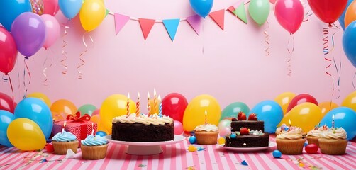 birthday background photo, cake and candles, colorful gifts, colorful balloons on top