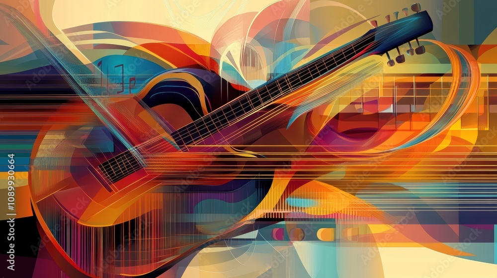 Leinwandbilder colorful sound waves intertwine with musical notes and a guitar, creating an energetic and dynamic v