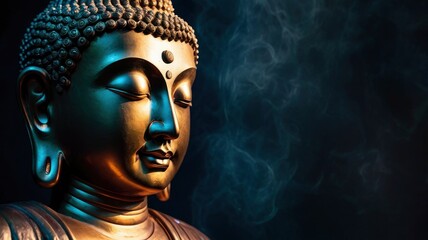 Mystical Buddha Background - ethereal colored gaseous vapours rising up with a partial Buddha head emerging from the darkness on left side and copy space on right, ai