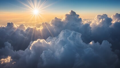 Photo the sun shines through a dramatic row of clouds, golden sunlight, its rays piercing the sky