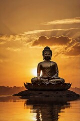 Silhouette Buddha on golden sunset background, ai