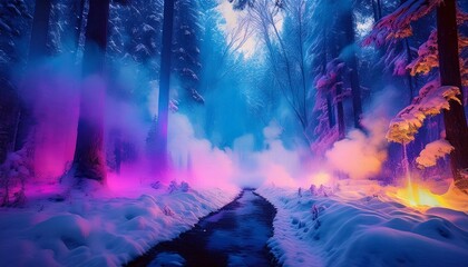 Obraz premium In a winter forest, ethereal smoke in shades of blue, pink, yellow, and light purple weaves through the trees, creating a mystical, dreamlike atmosphere.