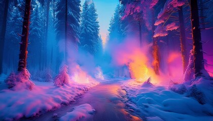 Obraz premium In a winter forest, ethereal smoke in shades of blue, pink, yellow, and light purple weaves through the trees, creating a mystical, dreamlike atmosphere.