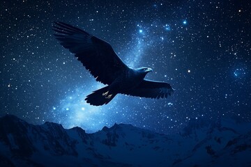 Obraz premium Majestic black eagle soaring through a starry night sky over snow-capped mountains.