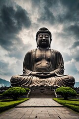 Obraz premium The Tian Tan Buddha in Hong Kong in a dramatic sky background, ai