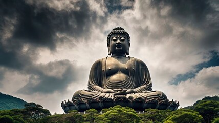 Fototapeta premium The Tian Tan Buddha in Hong Kong in a dramatic sky background, ai