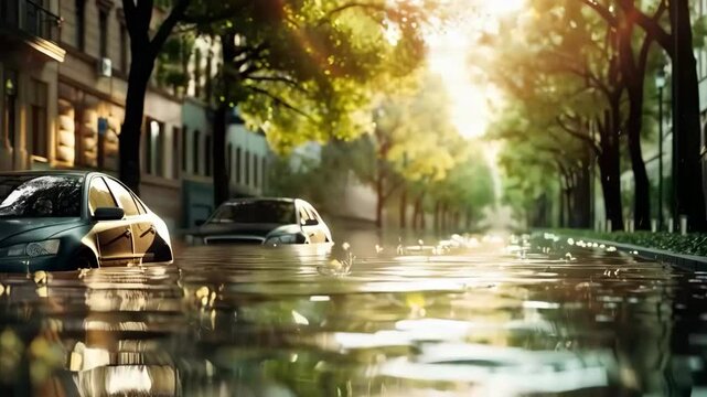 City street of Brooklyn street full of water due to a flood as consequence of climate change