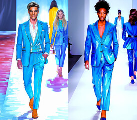 Fashion show, models walk the catwalk, demonstrating suits from the men's spring-summer collection, drawing