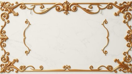 Golden frame with intricate designs shining on a luxurious marble background, elegance, glamorous