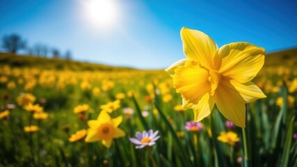 Fototapeta premium Lush field of vibrant yellow daffodil flowers under bright blue sky, bloom, spring