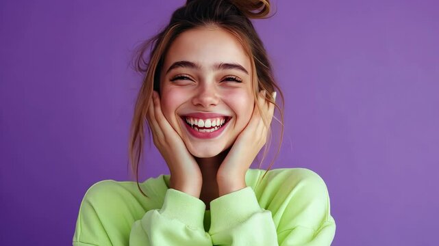 portrait of attractive teen woman cheerful toothy smile dressed stylish green clothes isolated on violet color background Video