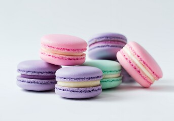 Obraz premium Capture an arrangement of colorful macarons in soft pastel shades like pink, lavender, and mint.