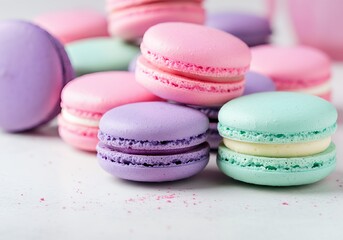 Obraz premium Capture an arrangement of colorful macarons in soft pastel shades like pink, lavender, and mint.