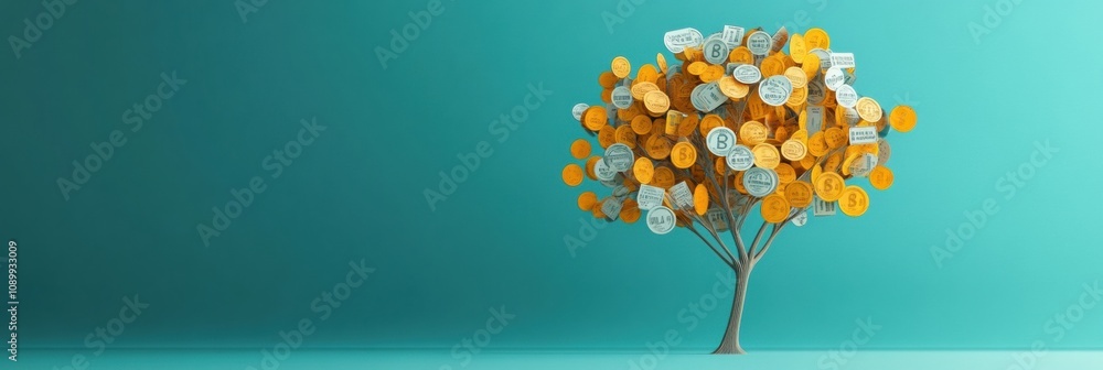 Aufkleber an abstract tree displays branches adorned with discount symbols and price tags, symbolizing commerc