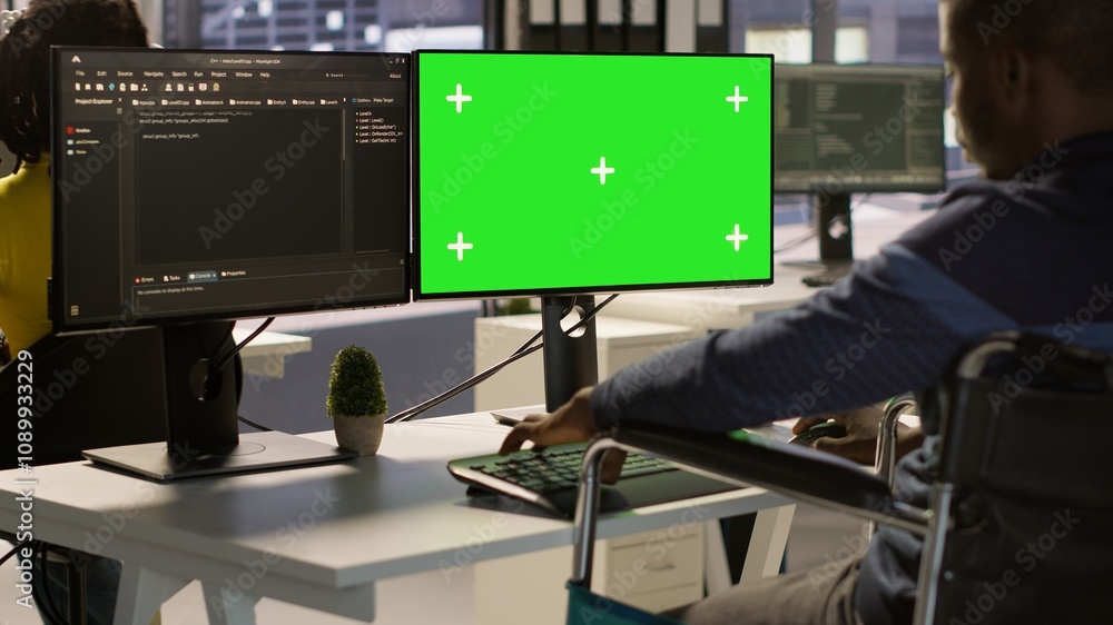Poster developer with disability sitting in wheelchair fixing applications issues on green screen pc. man w