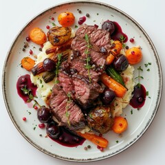 Venison steak with baked vegetables and cherry sauce.