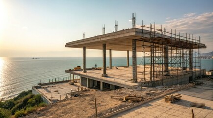 Fototapeta premium Construction of Building Base With Support Structures Near Coastal Area at Sunset. Generative AI