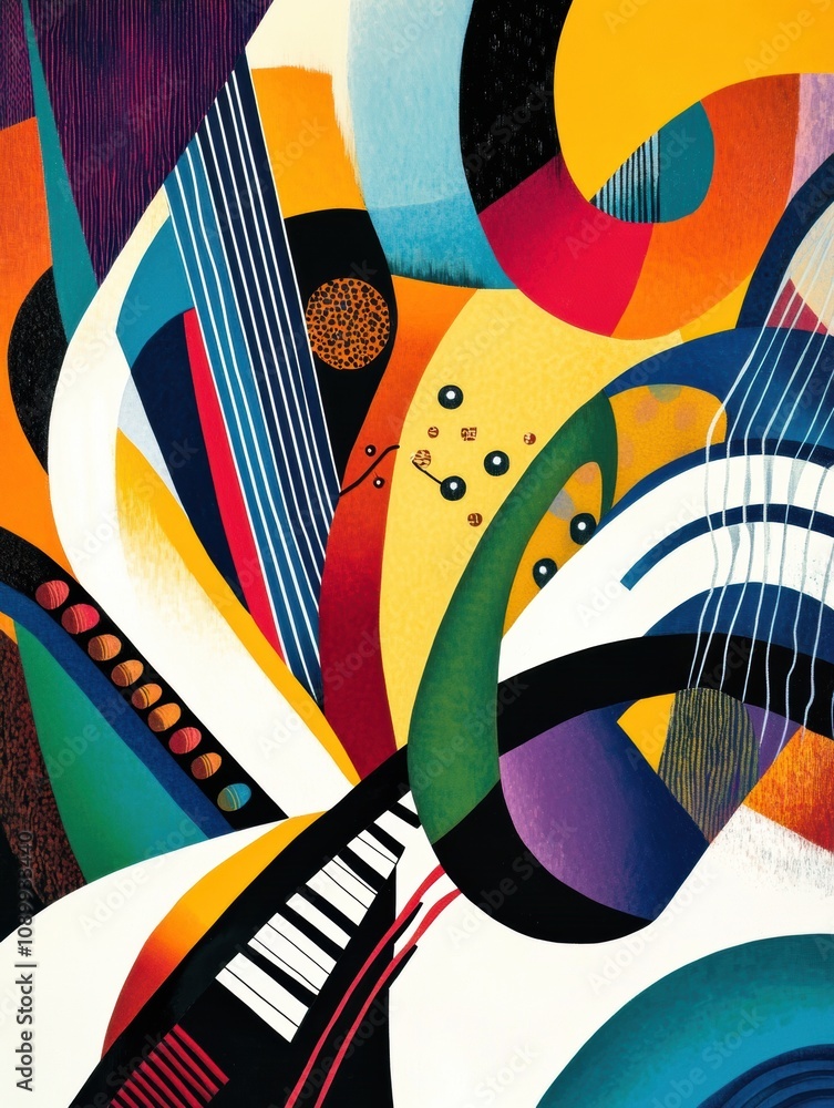 Aufkleber An artistic exploration of sound waves, musical notes, and instruments created with bold colors and dynamic shapes that evoke rhythm and melody. Generative AI