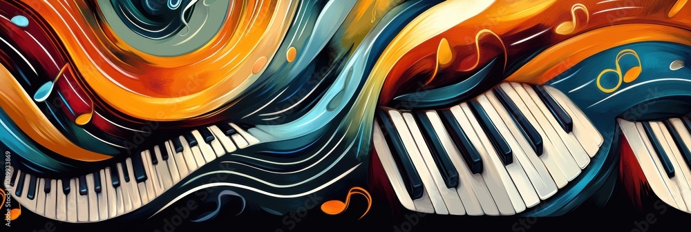Poster colorful waves intertwine with musical notes and piano keys, showcasing the essence of sound and rhy