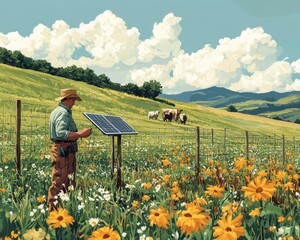 Fototapeta premium A farmer installing a solarpowered electric fence for livestock, Smart Farming, Secure and green