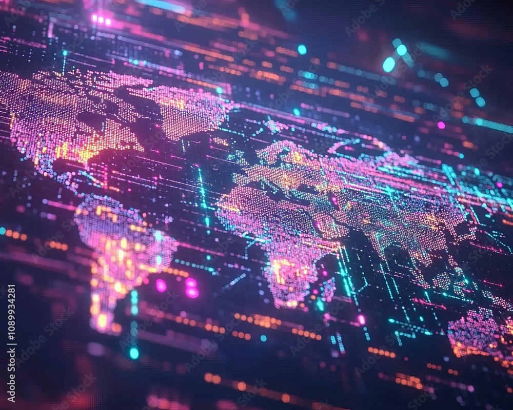 Poster bitcoin illuminating a transparent digital world map with low resolution global technology scene fut