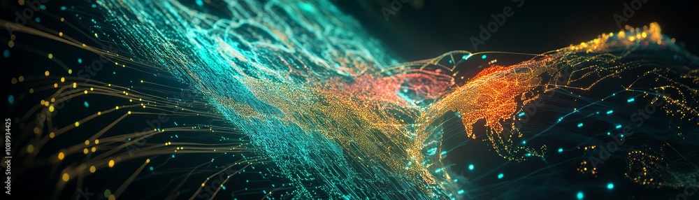 Poster futuristic visualization of glowing network wires surging through a digital landscape high-tech envi