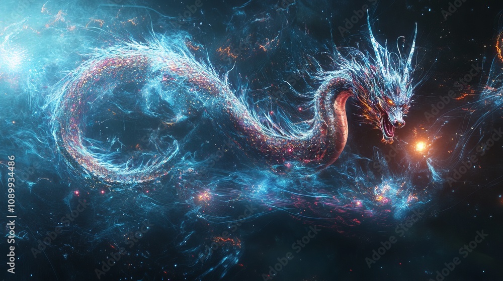 Poster dynamic holographic dragon emerging from swirling data streams digital realm abstract art futuristic